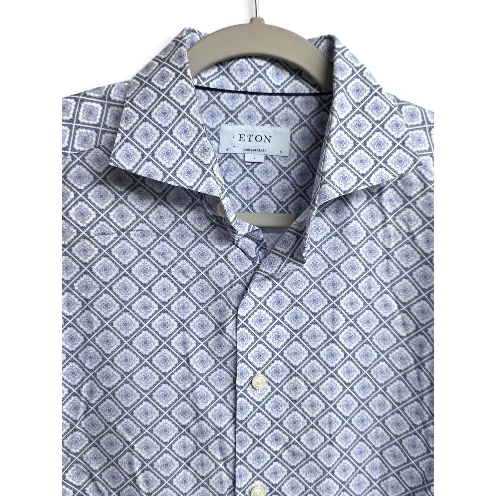 Eton Contemporary Fit Blue White Geometric Tile Print Button Down Shirt Men L 41